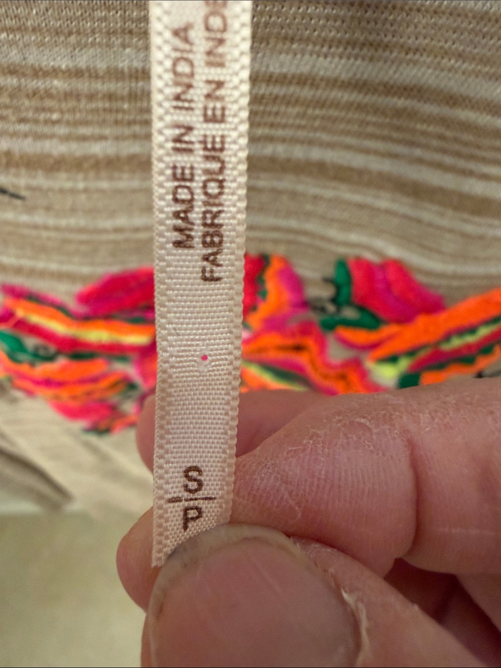 Free People Beige Striped Short Sleeve Top with Pink & Orange Floral Embroidery - Picture 3 of 9